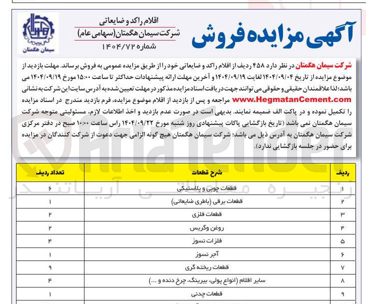 تصویر کوچک آگهی فروش ۴۵۸ ردیف از اقلام راکد و ضایعاتی 