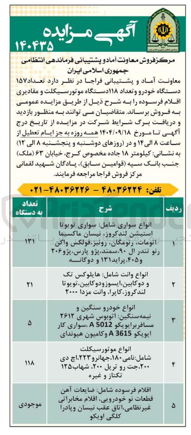 تصویر کوچک آگهی فروش تعداد ۱۵۷ دستگاه خودرو و تعداد ۱۱۸ دستگاه موتور سیکلت و مقادیری اقلام فرسوده