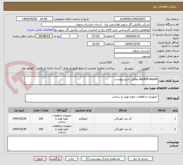 تصویر کوچک آگهی Backfill Anode مطابق شرح پیوست