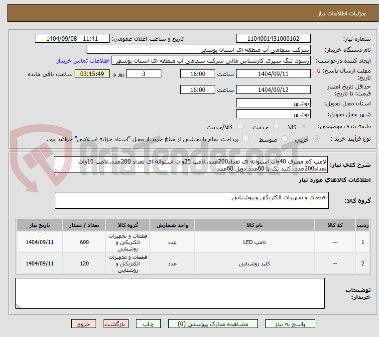 تصویر کوچک آگهی لامپ کم مصرف 40وات استوانه ای تعداد200عدد..لامپ 25وات استوانه ای تعداد 200عدد..لامپ 10وات تعداد200عدد..کلید تک پا 60عدد دوپل 60عدد