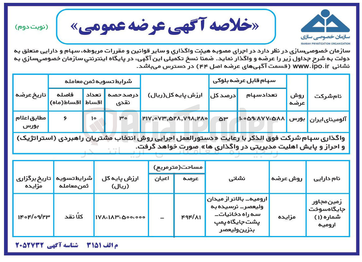 تصویر کوچک آگهی فروش سهام شرکت آلومینای ایران