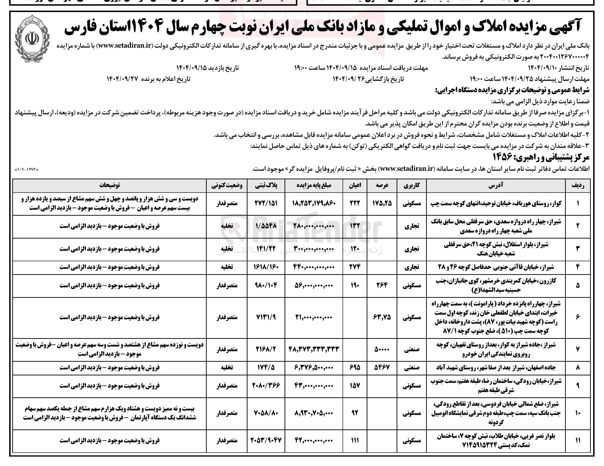 تصویر کوچک آگهی  املاک و اموال تملیکی و مازاد