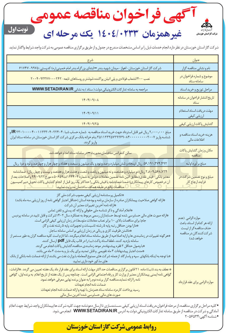 تصویر کوچک آگهی نصب ۴۰۰ انشعاب فولادی و پلی اتیلن پراکنده 
