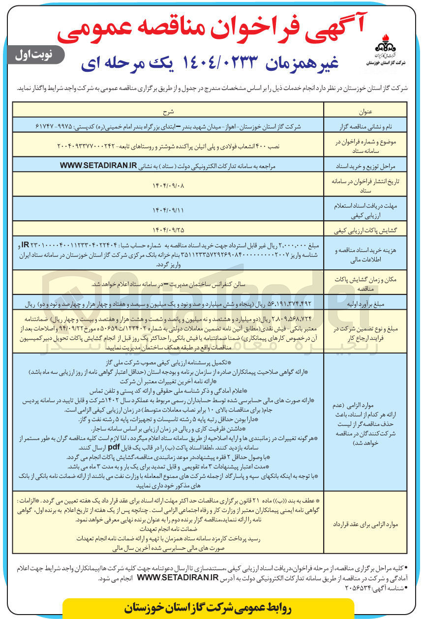 تصویر کوچک آگهی نصب ۴۰۰ انشعاب فولادی و پلی اتیلن پراکنده 