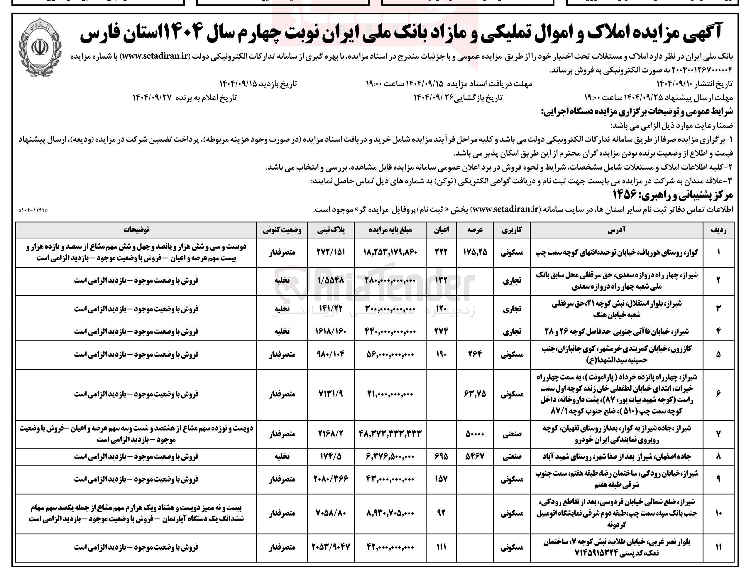 تصویر کوچک آگهی مزایده املاک و اموال تملیکی و مازاد