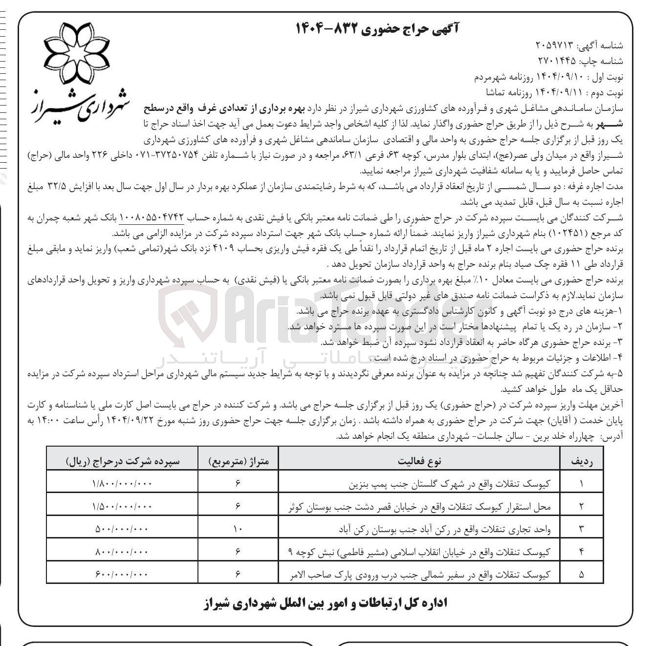 تصویر کوچک آگهی محل استقرار کیوسک تنقلات واقع در خیابان قصر دشت جنب بوستان کوثر 
