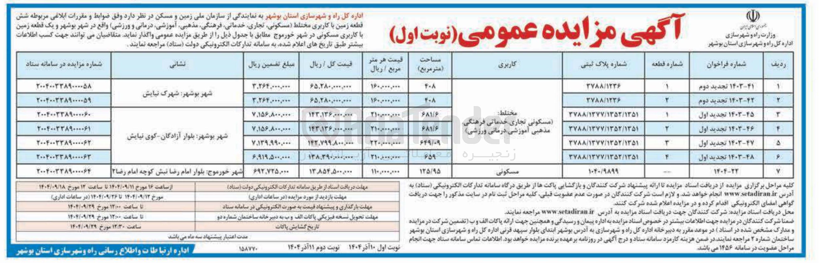 تصویر کوچک آگهی  شش قطعه زمین با کاربری مختلط ( مسکونی ، تجاری ، خدماتی ، فرهنگی ، مذهبی آموزشی درمانی و ورزشی