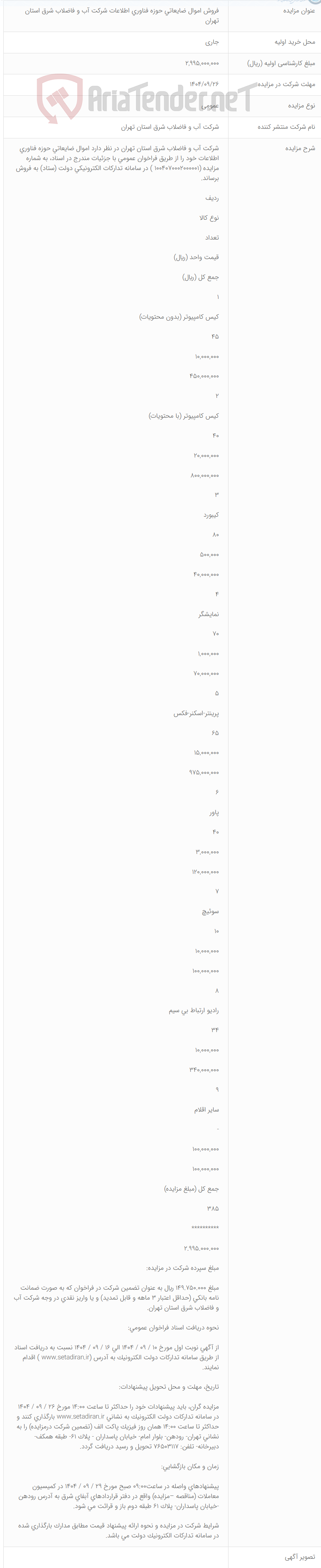 تصویر کوچک آگهی فروش اموال ضایعاتی حوزه فناوری اطلاعات شرکت آب و فاضلاب شرق استان تهران