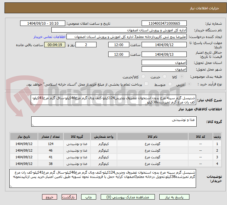 تصویر کوچک آگهی شنیسل گرم سینه مرغ بدون استخوان غضروف وچربی124کیلو-کتف وبال گرم مرغ46کیلو-ساق گرم مرغ41کیلو-کف ران مرغ گرم تمیزشده38کیلو