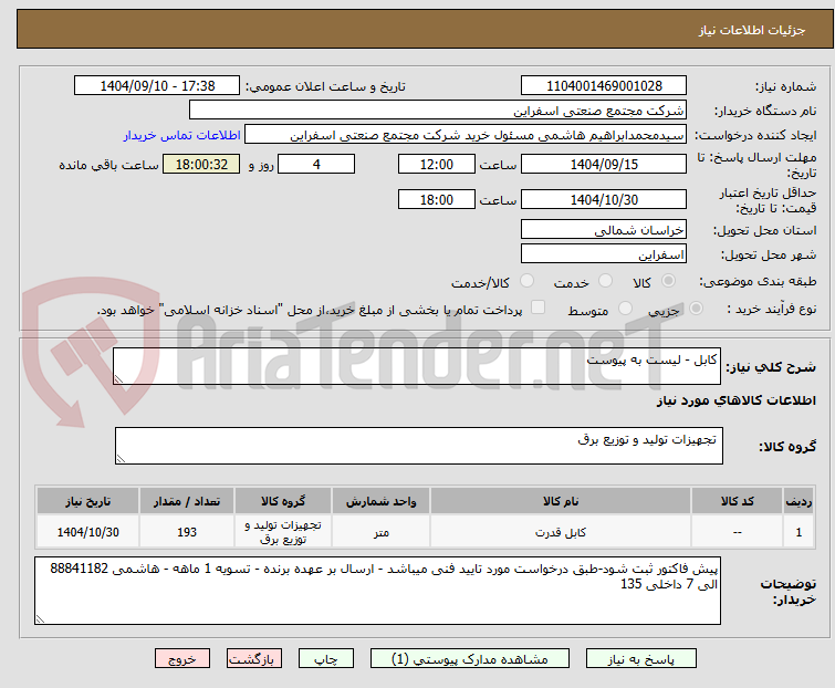 تصویر کوچک آگهی کابل - لیست به پیوست 