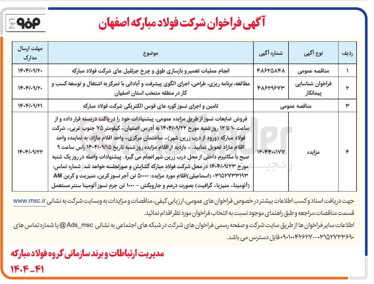 تصویر کوچک آگهی تامین و اجرای نسوز کوره های قوس الکتریکی شرکت فولاد مبارکه 
