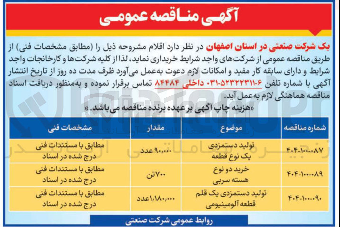 تصویر کوچک آگهی تولید دست مزدی یک نوع قطعه 
