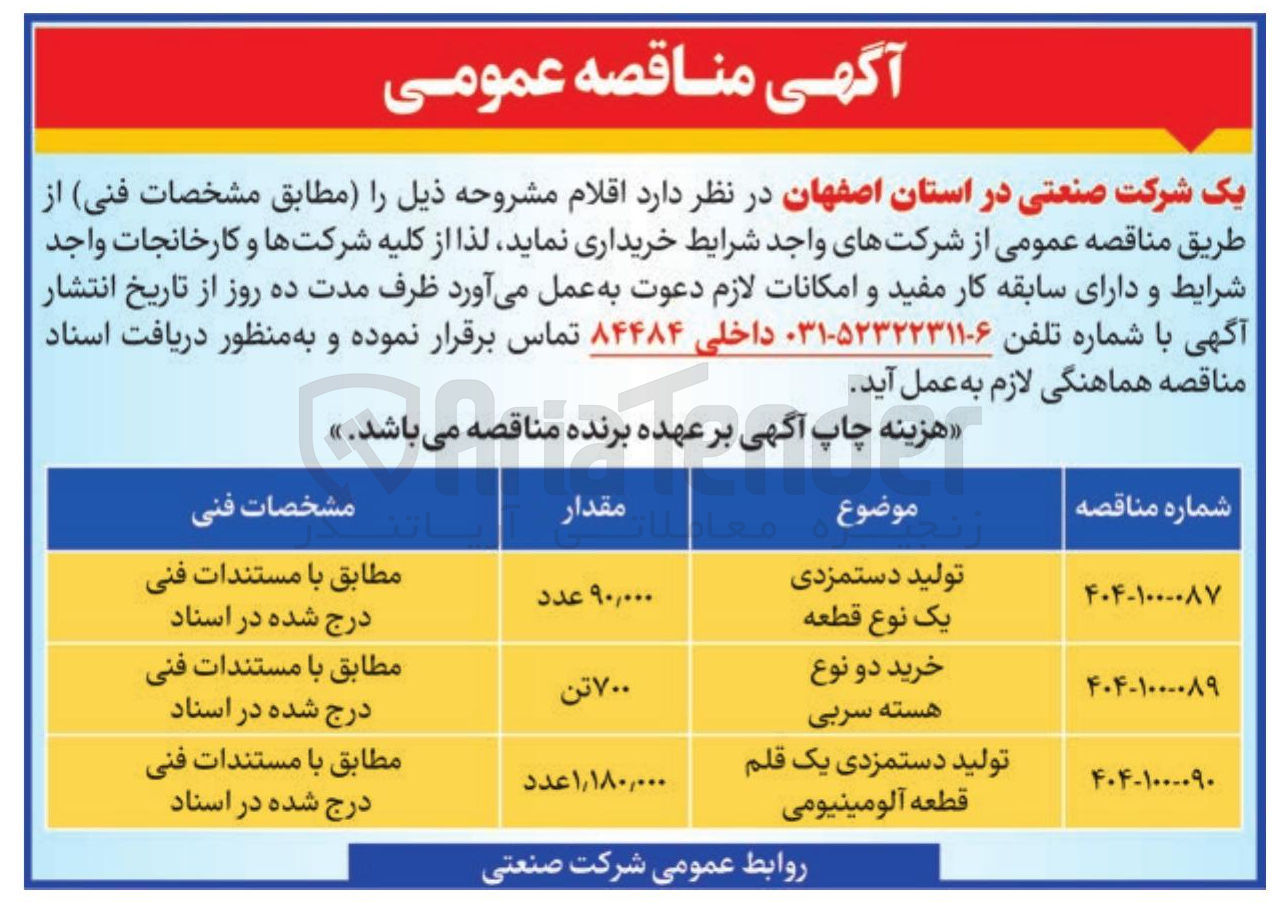 تصویر کوچک آگهی تولید دستمزدی یک قلم قطعه آلومینیومی به مقدار 1/180/000 عدد