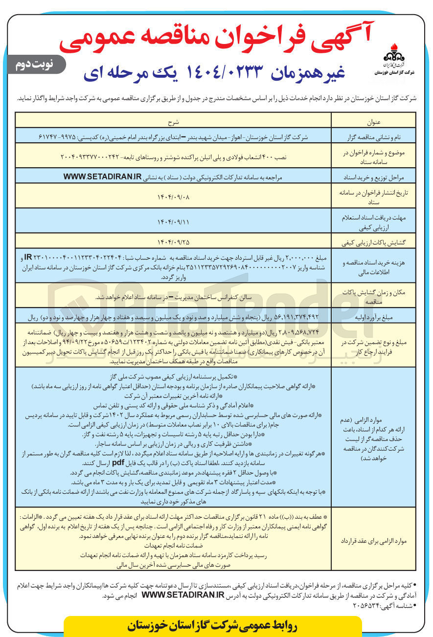 تصویر کوچک آگهی نصب 400 انشعاب فولادی و پلی اتیلن پراکنده 
