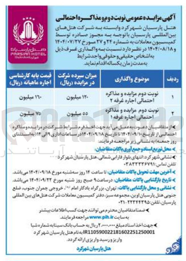 تصویر کوچک آگهی نوبت دوم مزایده و مذاکره احتمالی اجاره غرفه ۲ 
