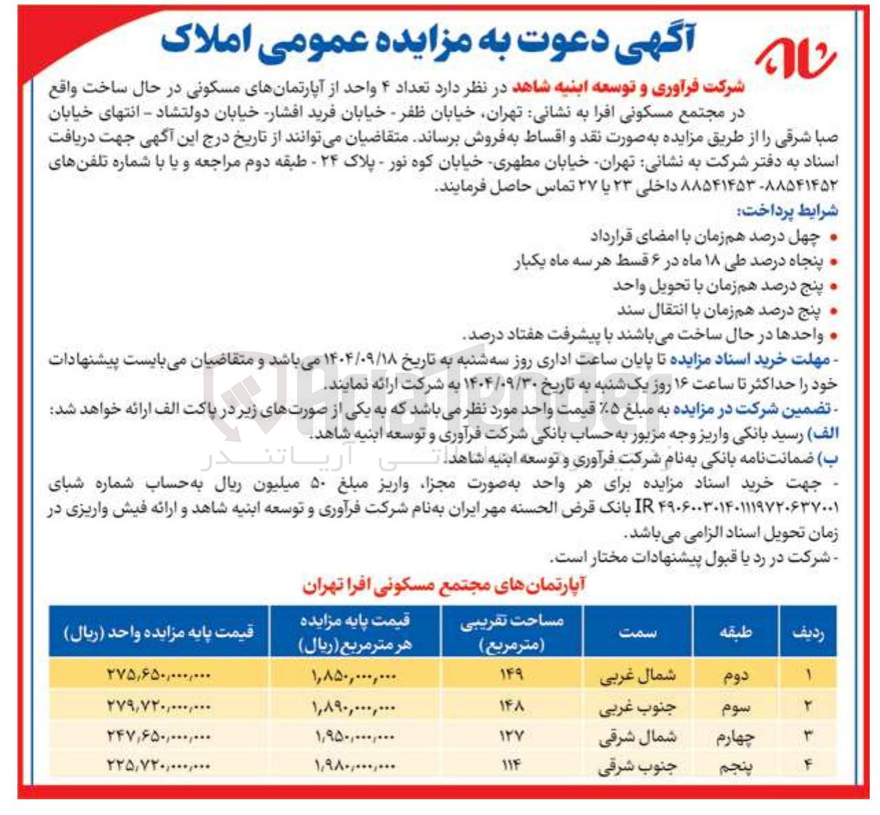 تصویر کوچک آگهی  تعداد ۴ واحد از آپارتمانهای مسکونی