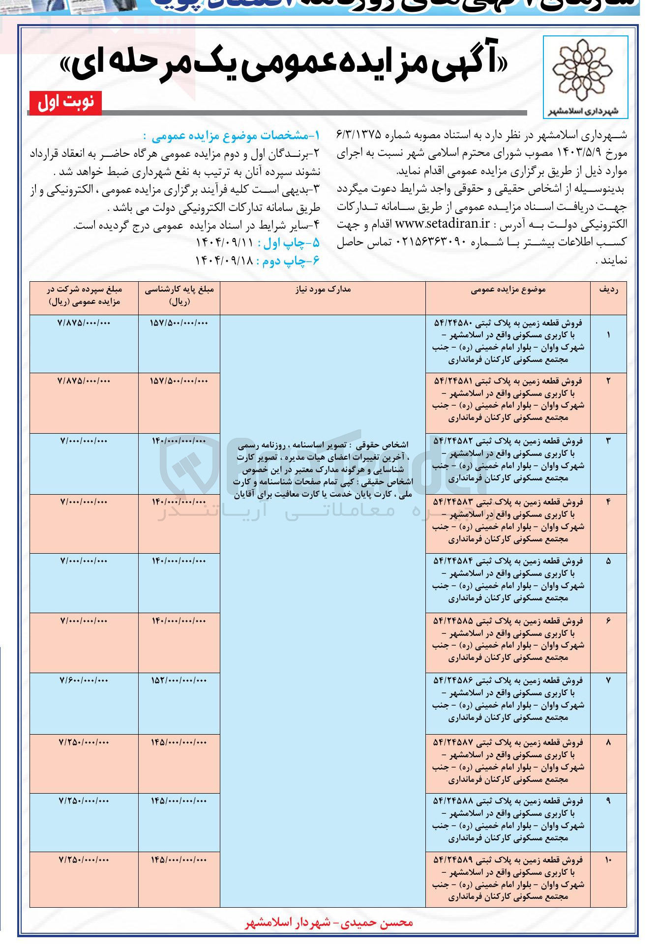 تصویر کوچک آگهی فروش 10 قطعه زمین