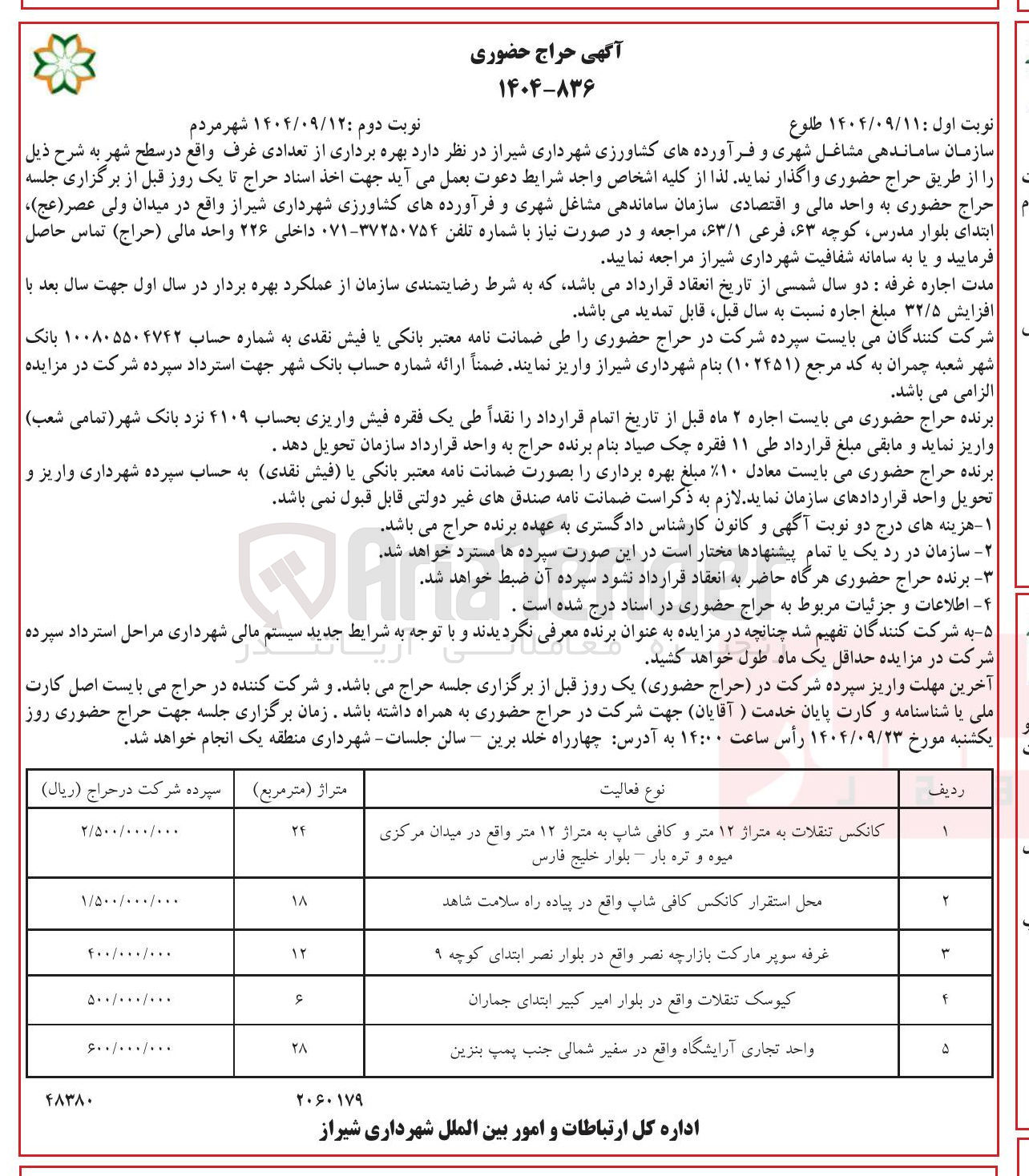 تصویر کوچک آگهی بهره برداری از تعدادی غرف