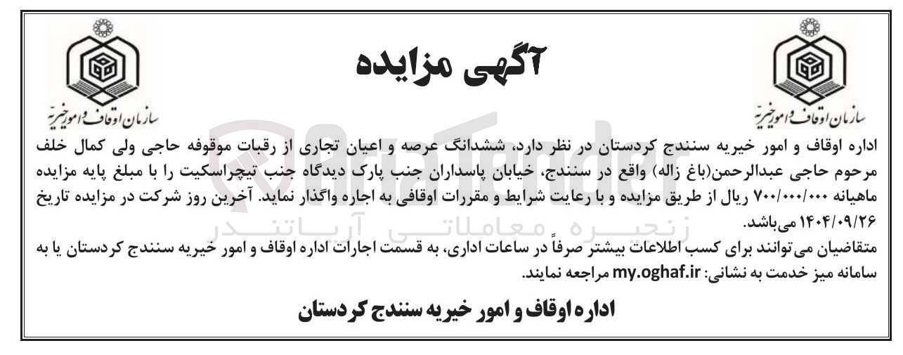 تصویر کوچک آگهی اجاره ششدانگ عرصه و اعیان تجاری