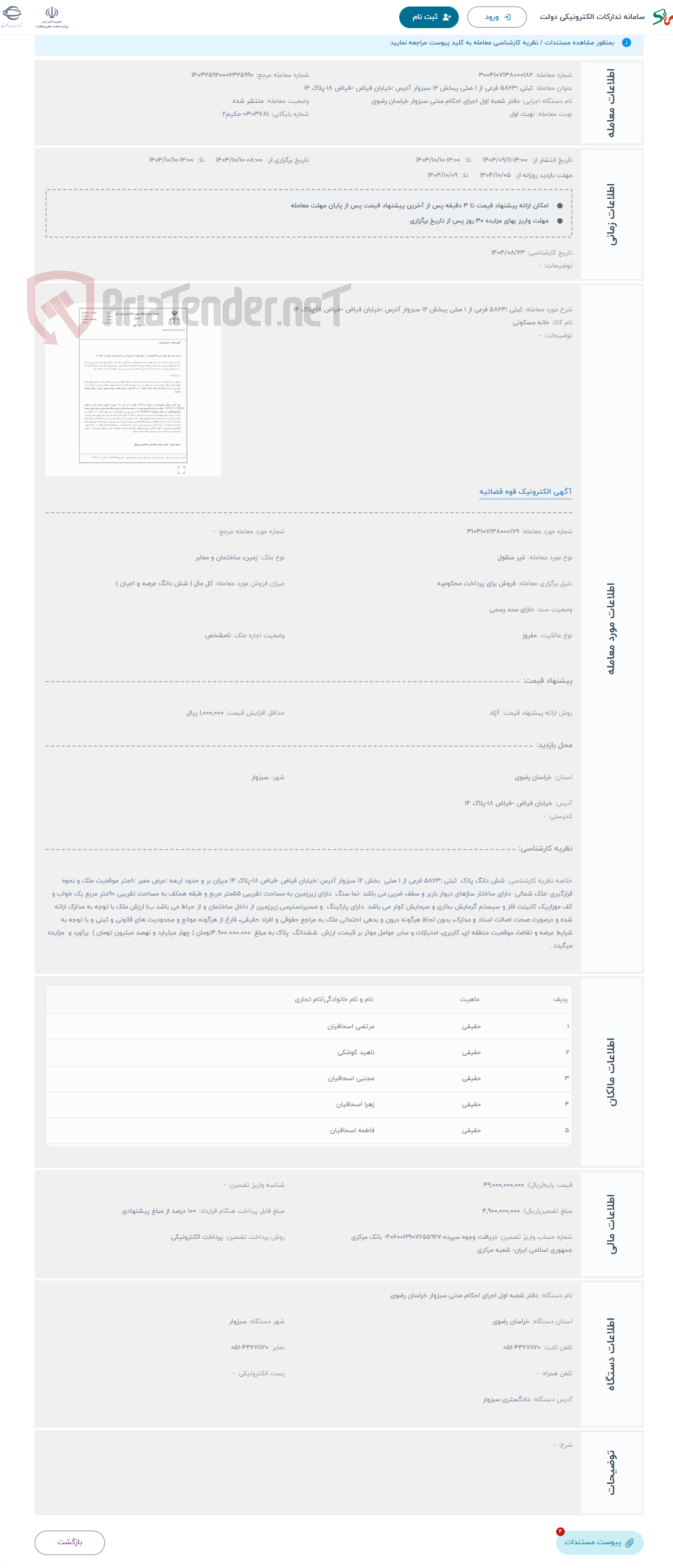 تصویر کوچک آگهی حراج ثبتی :5863 فرعی از 1 صلی یبخش 12 سبزوار آدرس :خیابان فیاض –فیاض 18-پلاک 14