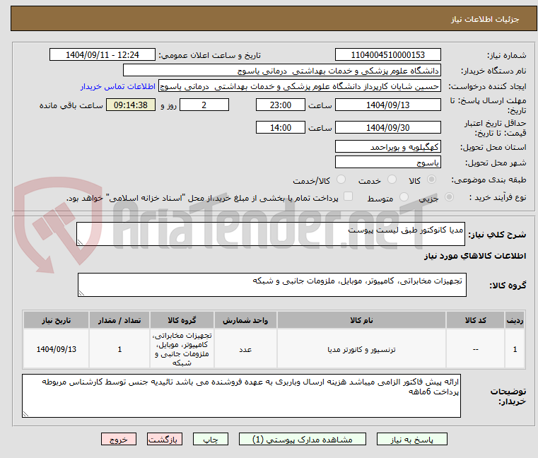تصویر کوچک آگهی مدیا کانوکتور طبق لیست پیوست