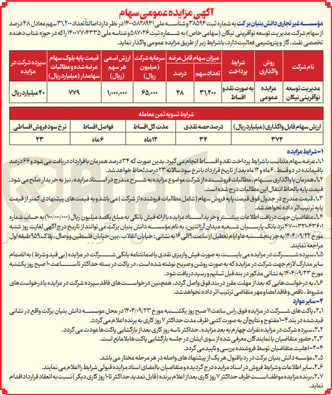 تصویر کوچک آگهی فروش اصالتا تعداد ۳۱,۲۰۰ سهم معادل ۴۸ درصد از سهام شرکت مدیریت توسعه نوآفرینی نیکان 