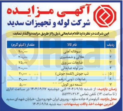 تصویر کوچک آگهی فروش اقلام ضایعاتی