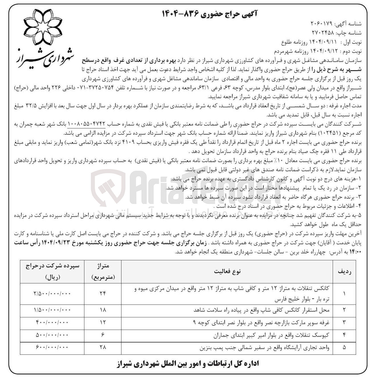 تصویر کوچک آگهی بهره برداری از تعدادی غرف