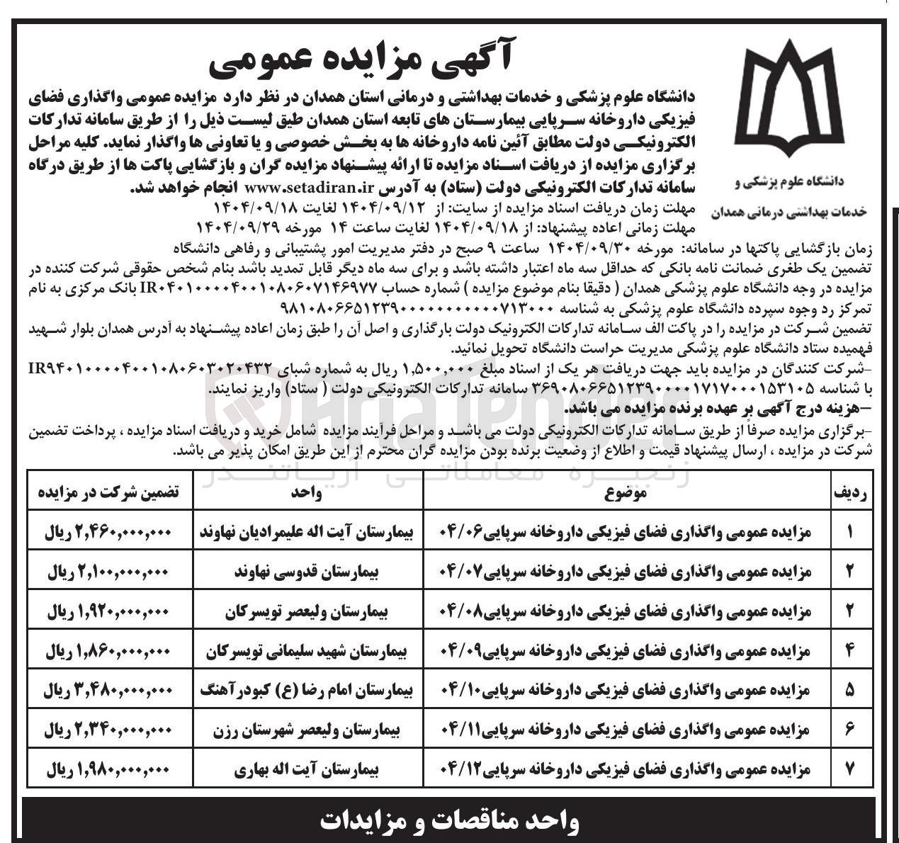 تصویر کوچک آگهی واگذاری فضای فیزیکی داروخانه سرپایی بیمارستانهای تابعه 