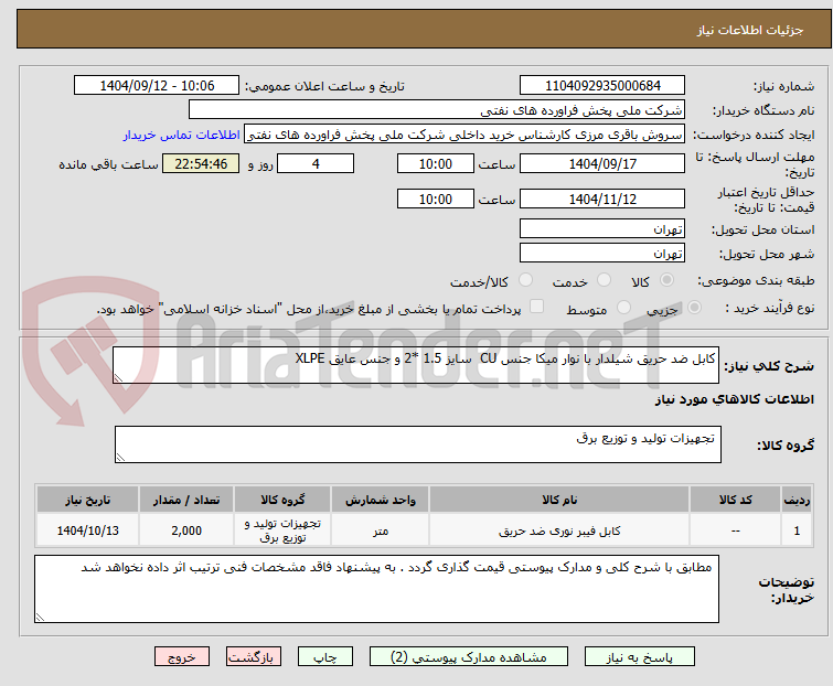 تصویر کوچک آگهی کابل ضد حریق شیلدار با نوار میکا جنس CU سایز 1.5 *2 و جنس عایق XLPE
