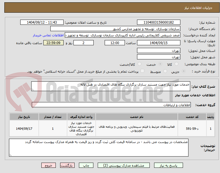 تصویر کوچک آگهی خدمات مورد نیاز جهت مستند سازی برگزاری بنگاه های اقتصادی در هتل لاله