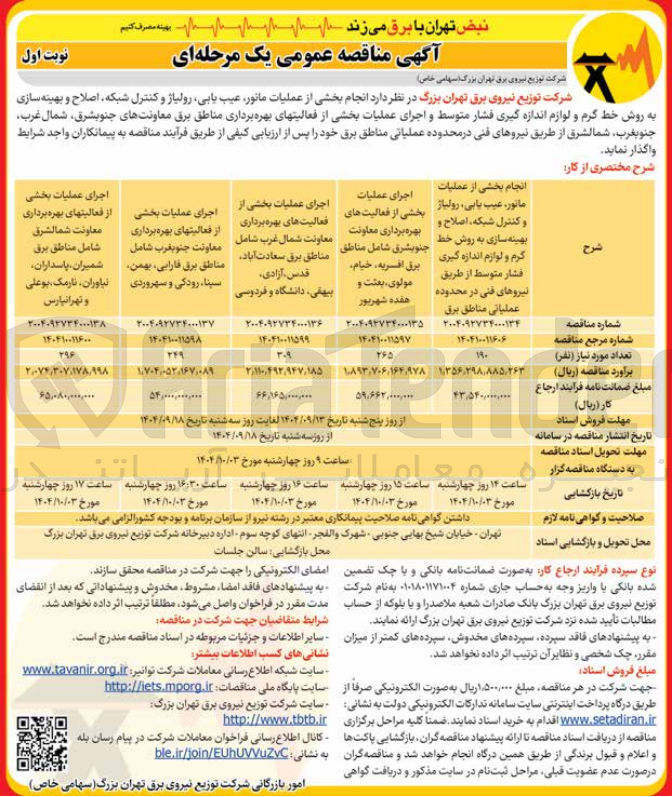 تصویر کوچک آگهی انجام بخشی از عملیات مانور عیب یابی رولیاژ و کنترل شبکه اصلاح و بهینه سازی به روش خط کرم و لوازم اندازه گیری فشار متوسط از طریق نیروهای فنی