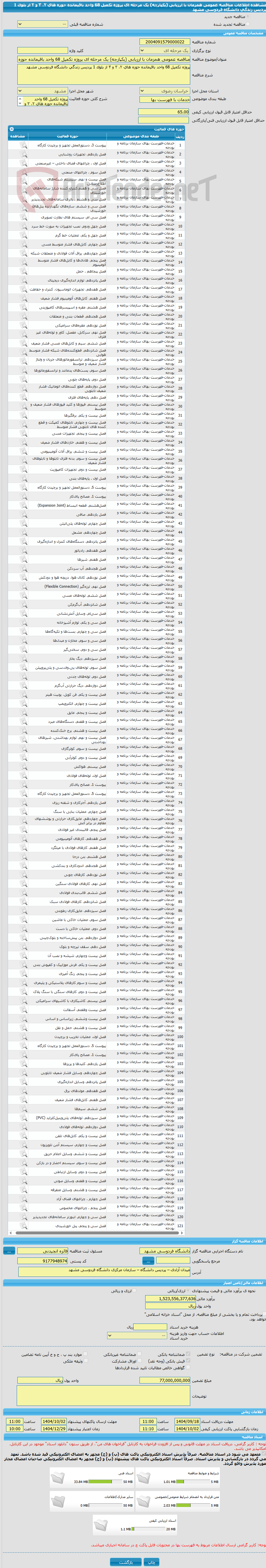 تصویر کوچک آگهی مناقصه عمومی همزمان با ارزیابی (یکپارچه) یک مرحله ای پروژه تکمیل 68 واحد باقیمانده حوزه های ۲، ۳ و ۴ از بلوک 1 پردیس زندگی دانشگاه فردوسی مشهد