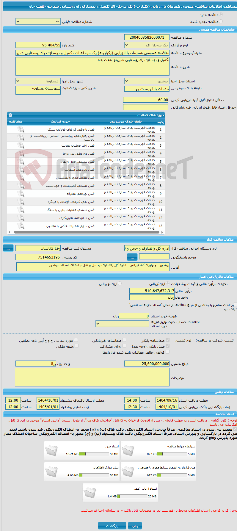 تصویر کوچک آگهی مناقصه عمومی همزمان با ارزیابی (یکپارچه) یک مرحله ای تکمیل و بهسازی راه روستایی شیرینو -هفت چاه
