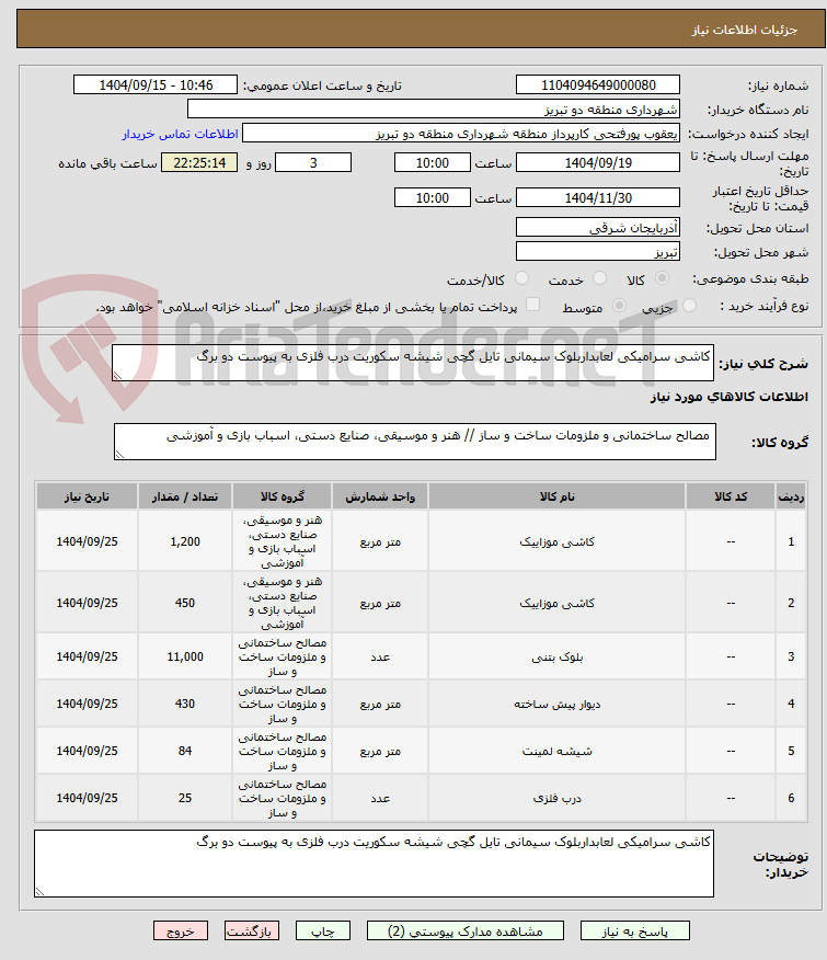 تصویر کوچک آگهی کاشی سرامیکی لعابداربلوک سیمانی تایل گچی شیشه سکوریت درب فلزی به پیوست دو برگ