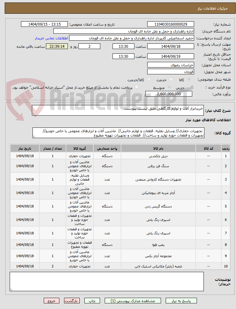 تصویر کوچک آگهی خریدابزار آلات و لوازم کارگاهی طبق لیست پیوست.