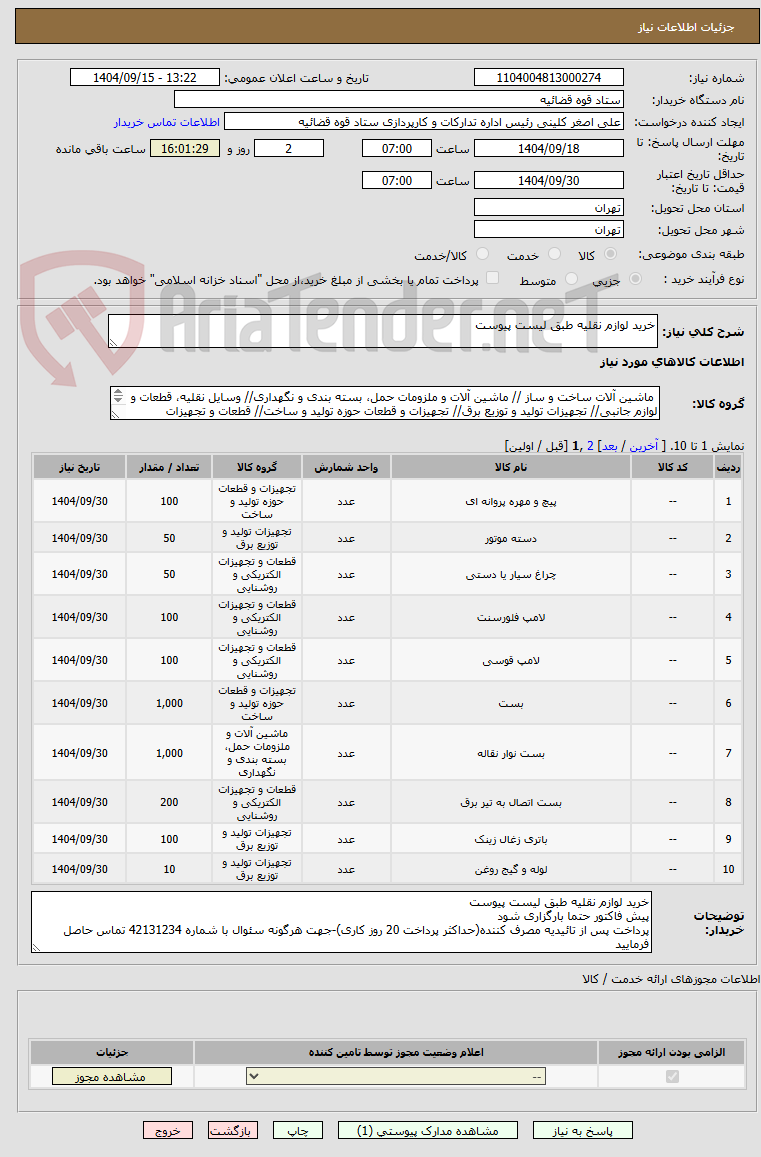 تصویر کوچک آگهی خرید لوازم نقلیه طبق لیست پیوست 
