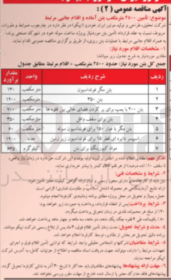 تصویر کوچک آگهی تامین ۲۵۰۰ متر مکعب بتن آماده و اقلام جانبی