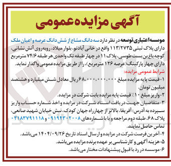 تصویر کوچک آگهی سه دانگ مشاع از شش دانگ عرصه و اعیان ملک