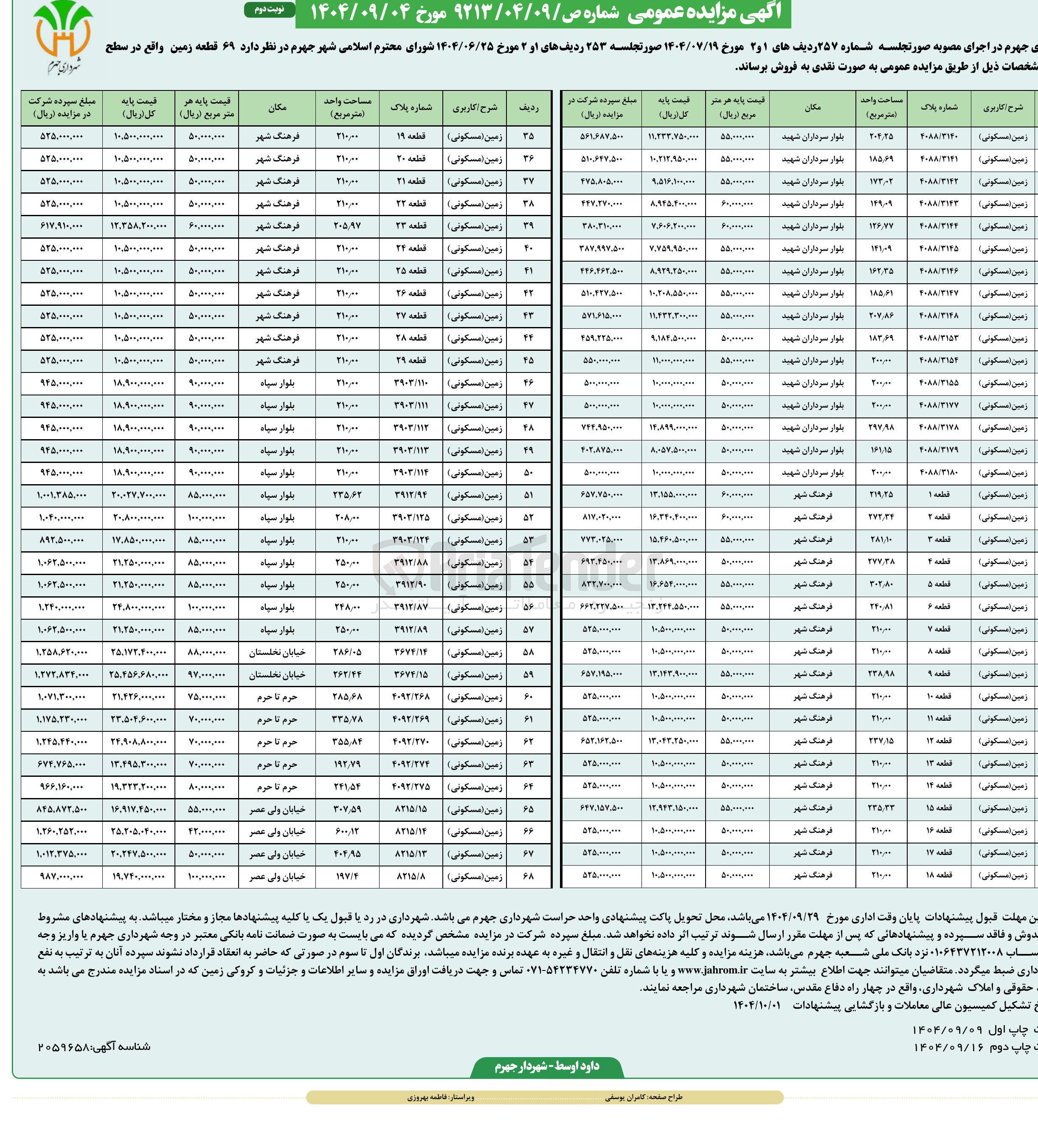 تصویر کوچک آگهی فروش ۶۹ قطعه زمین