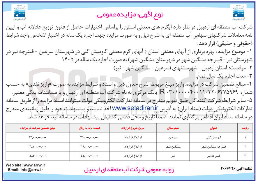 تصویر کوچک آگهی  بهره برداری از آبهای معدنی استان 
