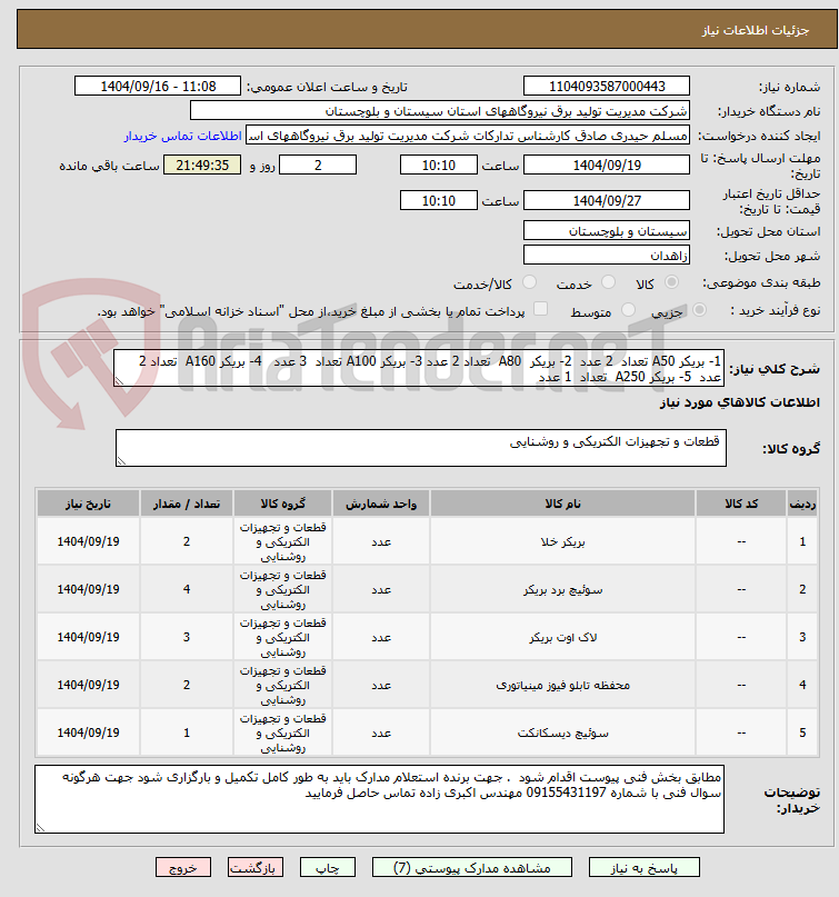 تصویر کوچک آگهی 1- بریکر A50 تعداد 2 عدد 2- بریکر A80 تعداد 2 عدد 3- بریکر A100 تعداد 3 عدد 4- بریکر A160 تعداد 2 عدد 5- بریکر A250 تعداد 1 عدد