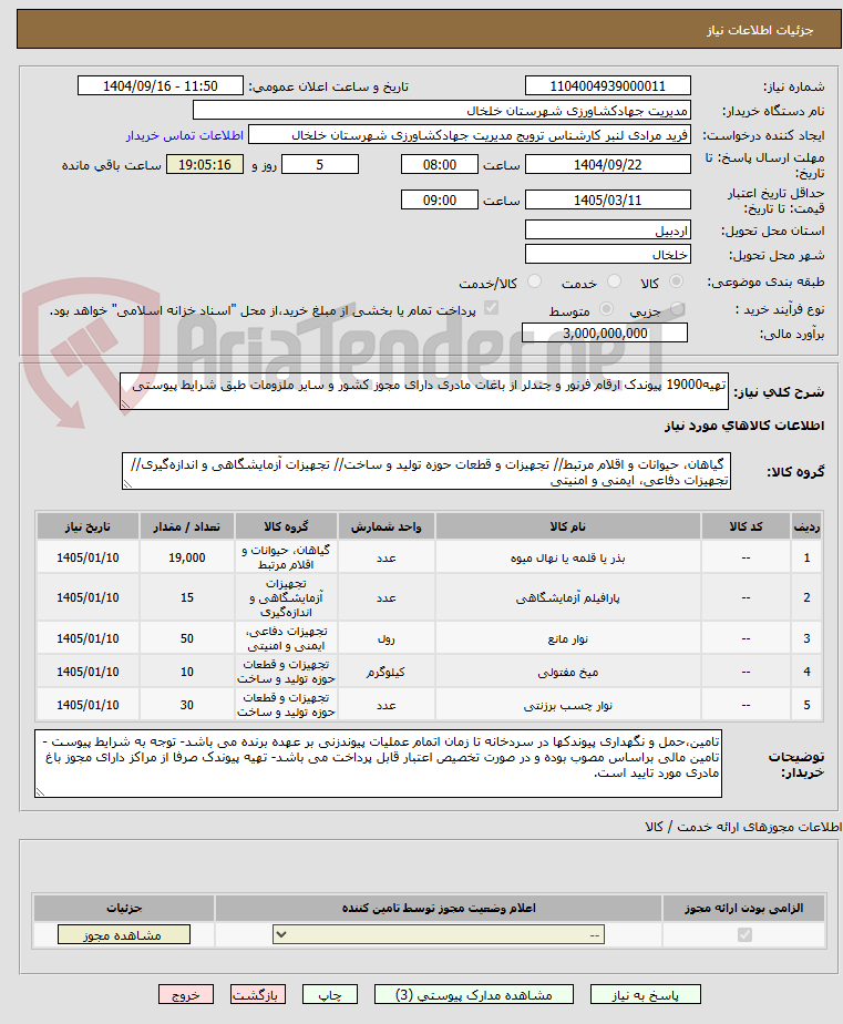 تصویر کوچک آگهی تهیه19000 پیوندک ارقام فرنور و چندلر از باغات مادری دارای مجوز کشور و سایر ملزومات طبق شرایط پیوستی