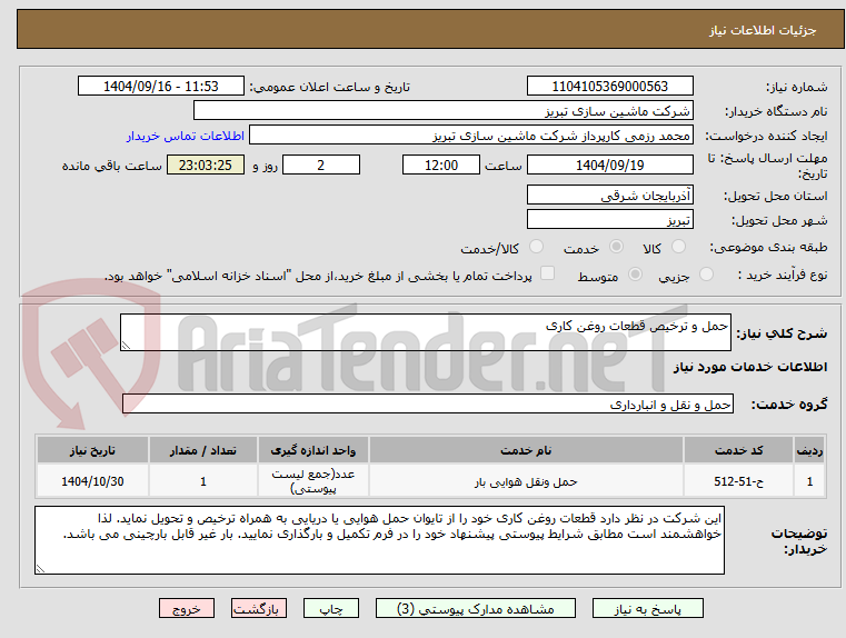 تصویر کوچک آگهی حمل و ترخیص قطعات روغن کاری