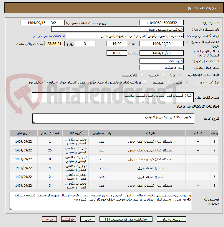 تصویر کوچک آگهی شارژ کپسول اتش نشانی طبق لیست پیوست