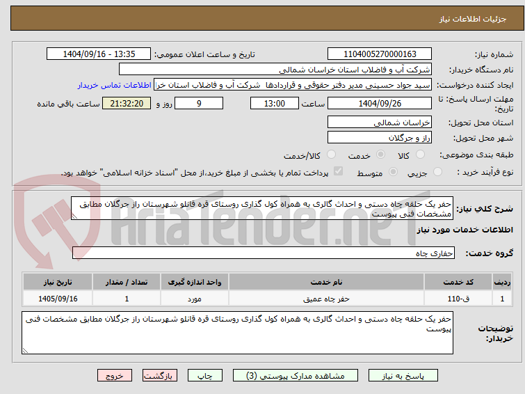 تصویر کوچک آگهی حفر یک حلقه چاه دستی و احداث گالری به همراه کول گذاری روستای قره قانلو شهرستان راز جرگلان مطابق مشخصات فنی پیوست