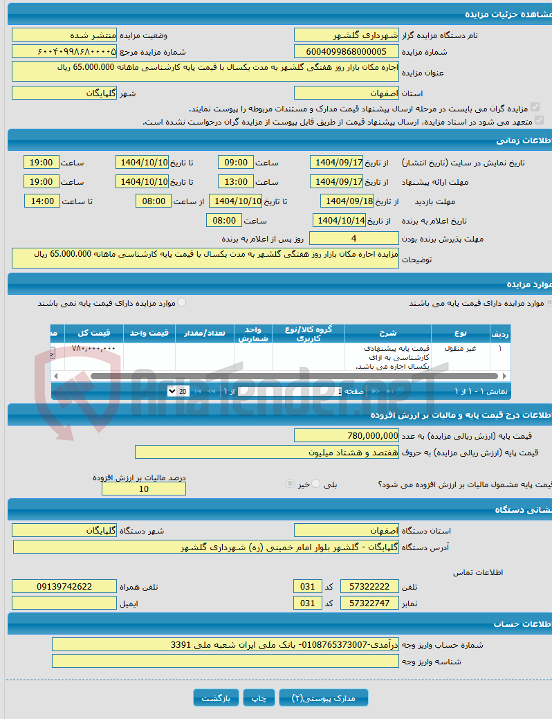 تصویر کوچک آگهی اجاره مکان بازار روز هفتگی گلشهر به مدت یکسال با قیمت پایه کارشناسی ماهانه 65.000.000 ریال