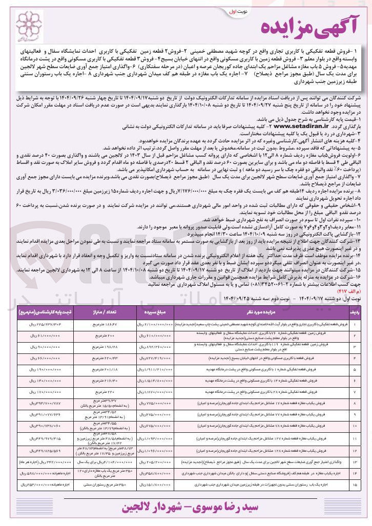 تصویر کوچک آگهی فروش قطعه تفکیکی با کاربری تجاری - فروش ۲ قطعه زمین تفکیکی با کاربری احداث نمایشگاه سفال و فعالیتهای وابسته - فروش قطعه زمین با کاربری مسکونی - فروش ۳ قطعه تفکیکی با کاربری مسکونی - فروش ۵ باب مغازه مشاغل مزاحم - واگذاری امتیاز جمع آوری ضایعات سطح شهر - اجاره یک باب مغازه - اجاره یک باب رستوران سنتی 