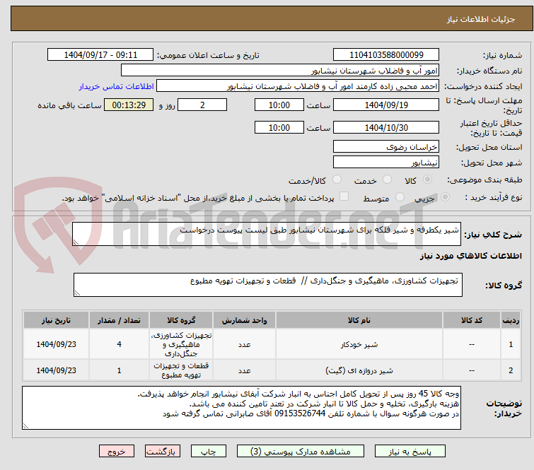 تصویر کوچک آگهی شیر یکطرفه و شیر فلکه برای شهرستان نیشابور طبق لیست پیوست درخواست