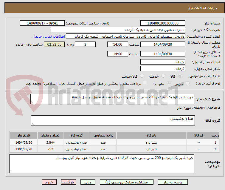 تصویر کوچک آگهی خرید شیر تازه یک لیتری و 200 سی سی جهت کارکنان شعبه تحویل درمحل شعبه